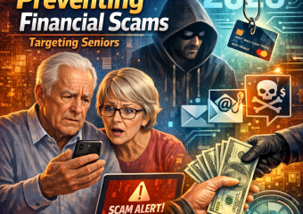 Illustration of a senior couple reading a guide on preventing financial scams, with digital icons and alerts.