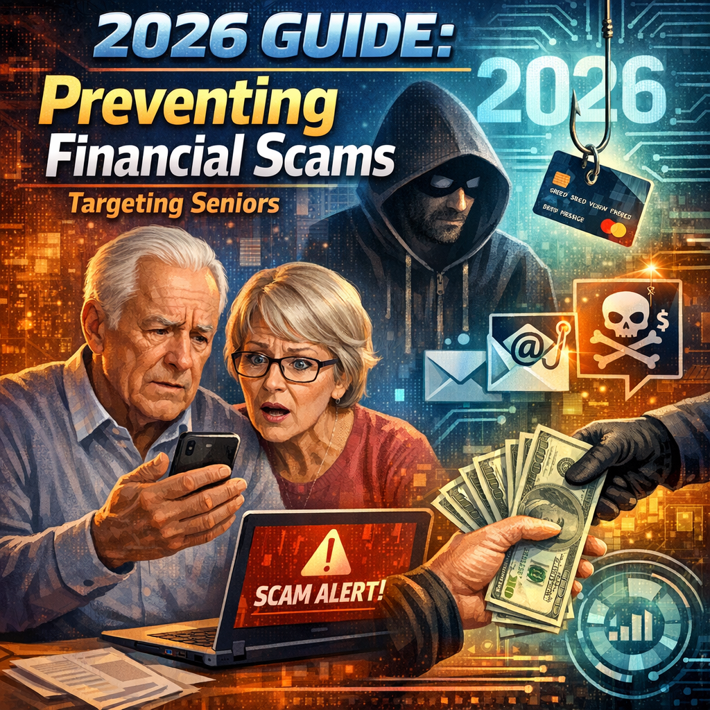Illustration of a senior couple reading a guide on preventing financial scams, with digital icons and alerts.