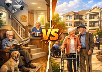 Graphic comparison of "Aging-in-Place vs. Assisted Living" with icons and text lists detailing pros and cons.