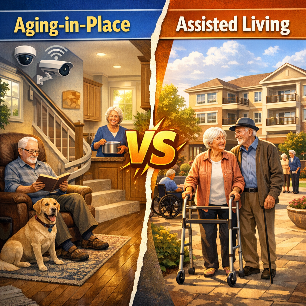 Graphic comparison of "Aging-in-Place vs. Assisted Living" with icons and text lists detailing pros and cons.