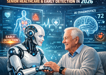 Graphical representation of AI technology assisting a senior patient with healthcare, including data analysis charts.