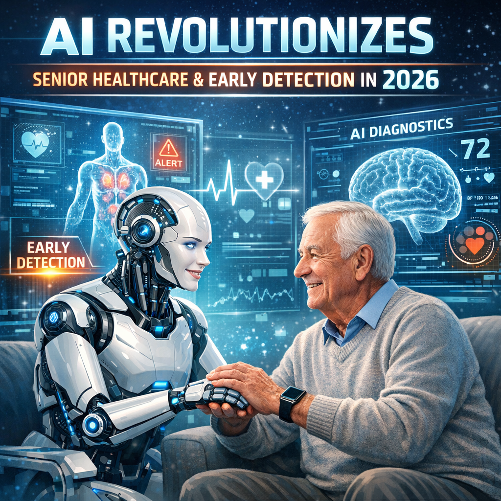 Graphical representation of AI technology assisting a senior patient with healthcare, including data analysis charts.