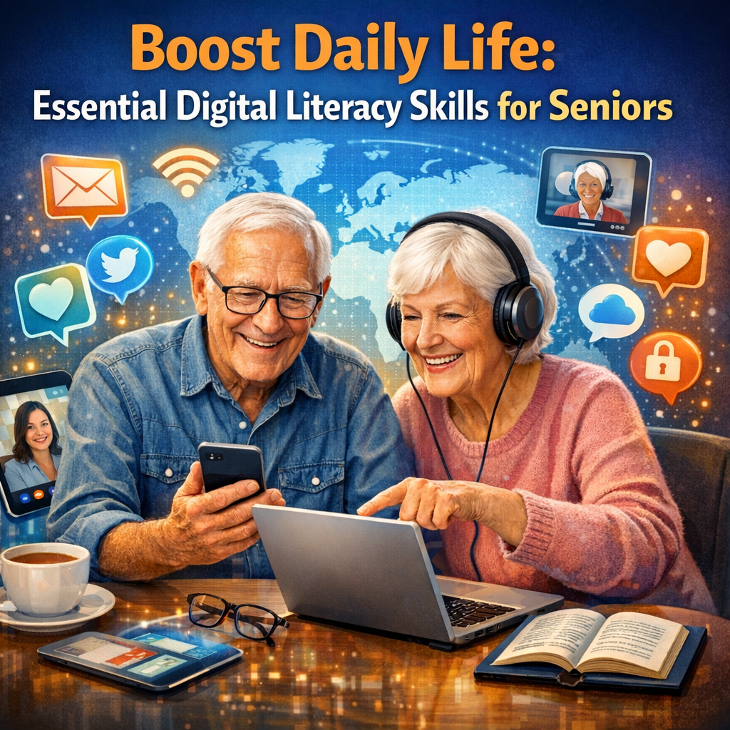 Senior man and woman using a laptop and smartphone to learn digital skills.