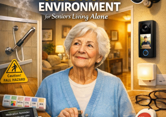 Senior arranging medication in a well-lit, secure room with a visible emergency alert system.