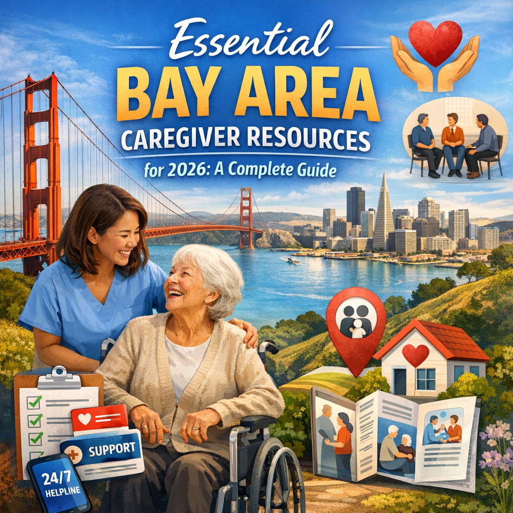 Cover of a guide book titled "Essential Bay Area Caregiver Resources for 2026," featuring local landmarks and supportive icon