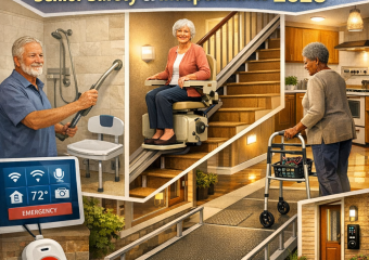 Graphic of home showcasing stairlifts, ramps, grab bars, emergency systems, and smart home technology for senior safety.