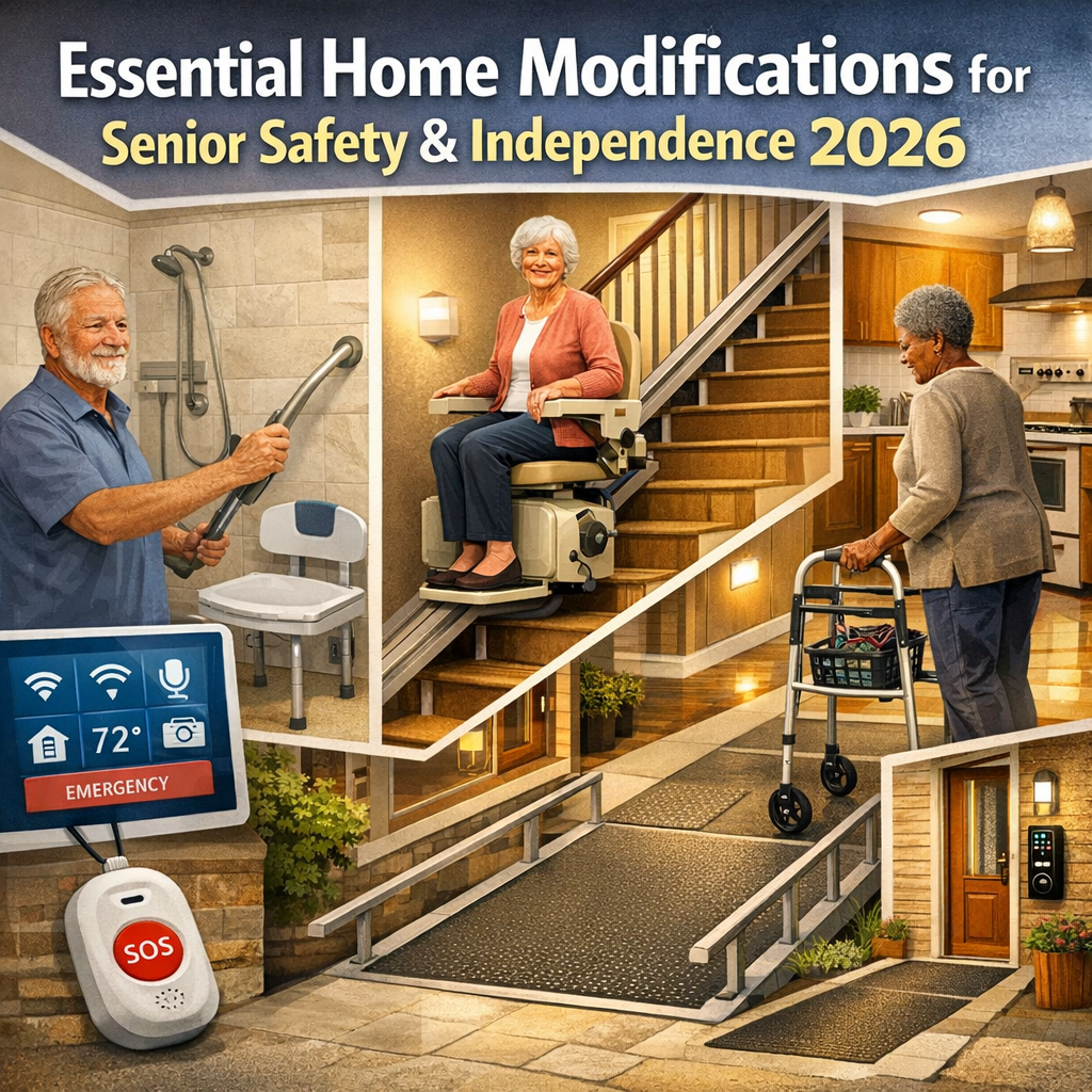 Graphic of home showcasing stairlifts, ramps, grab bars, emergency systems, and smart home technology for senior safety.