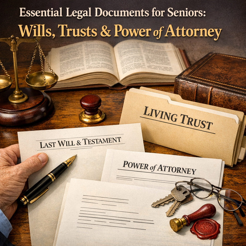 Stack of legal documents with labels 'Will', 'Trust', and 'Power of Attorney' on a desk.