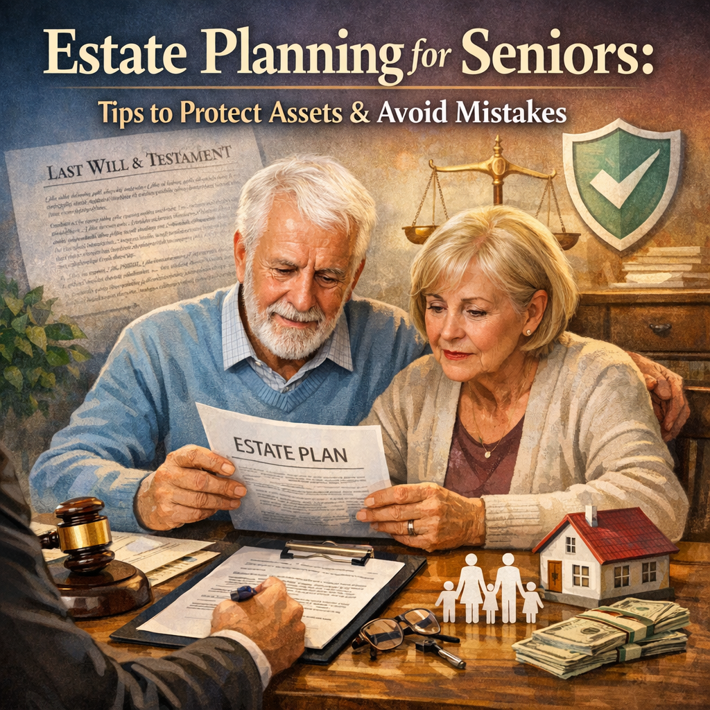 Senior couple reviewing estate planning documents at a table with a financial advisor.