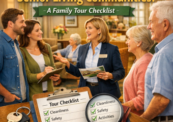 Family and senior couple consulting with an advisor over a checklist at a senior living community.
