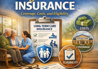 Text overlay lists key points about long-term care insurance, with icons for home care and money.