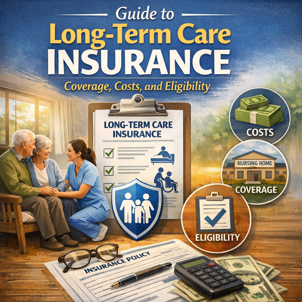 Text overlay lists key points about long-term care insurance, with icons for home care and money.