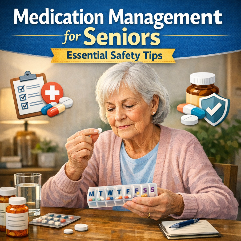 Elderly person and caregiver reviewing a medication plan together.