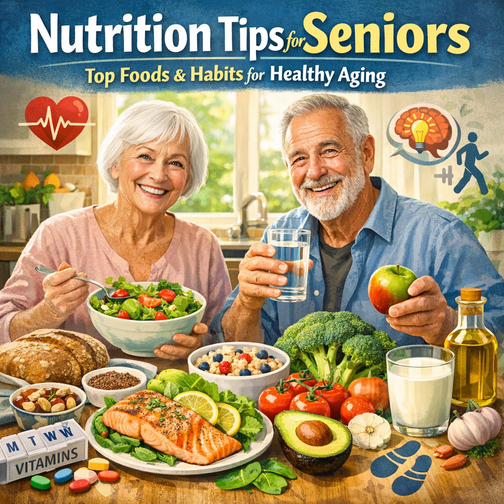 Senior couple smiling while eating salads and drinking water at home.