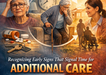 Elderly woman looking confused at medication bottles while a caregiver assists, showing signs of memory loss.
