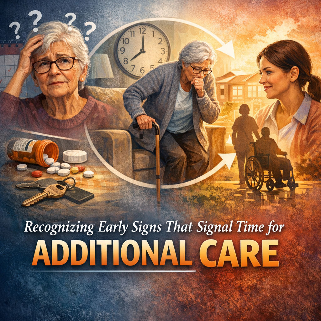 Elderly woman looking confused at medication bottles while a caregiver assists, showing signs of memory loss.