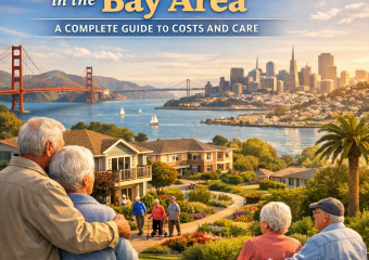 Scenic view of the Golden Gate Bridge with overlaid text on senior housing options in the Bay Area.