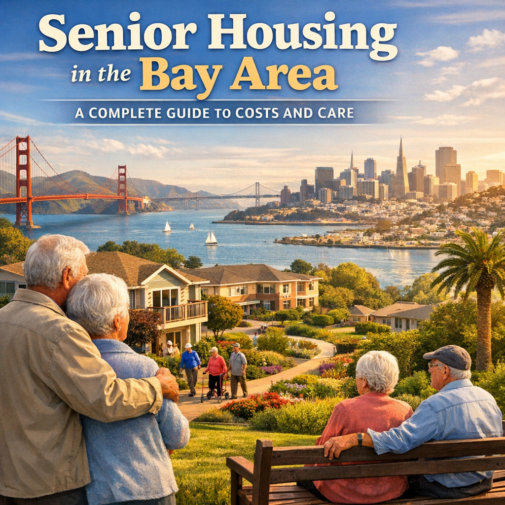 Scenic view of the Golden Gate Bridge with overlaid text on senior housing options in the Bay Area.