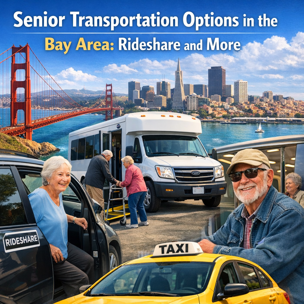 Senior riding in a taxi with driver, view of the Golden Gate Bridge in background.