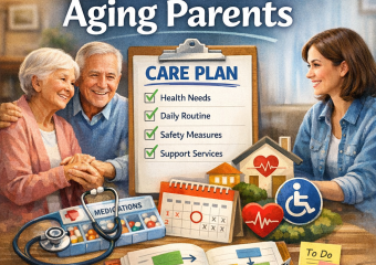 Diagram outlining steps for a care plan for aging parents, including health, safety, and support services.