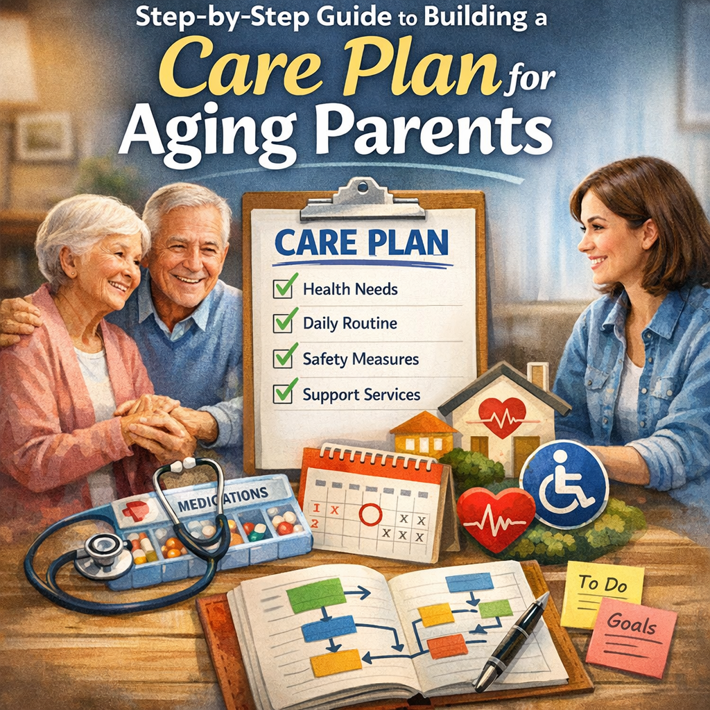 Diagram outlining steps for a care plan for aging parents, including health, safety, and support services.