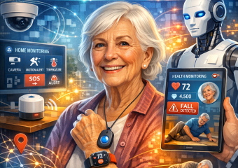 Illustration of various senior safety technologies including wearables on a wrist, room sensors, and an AI-powered display sc