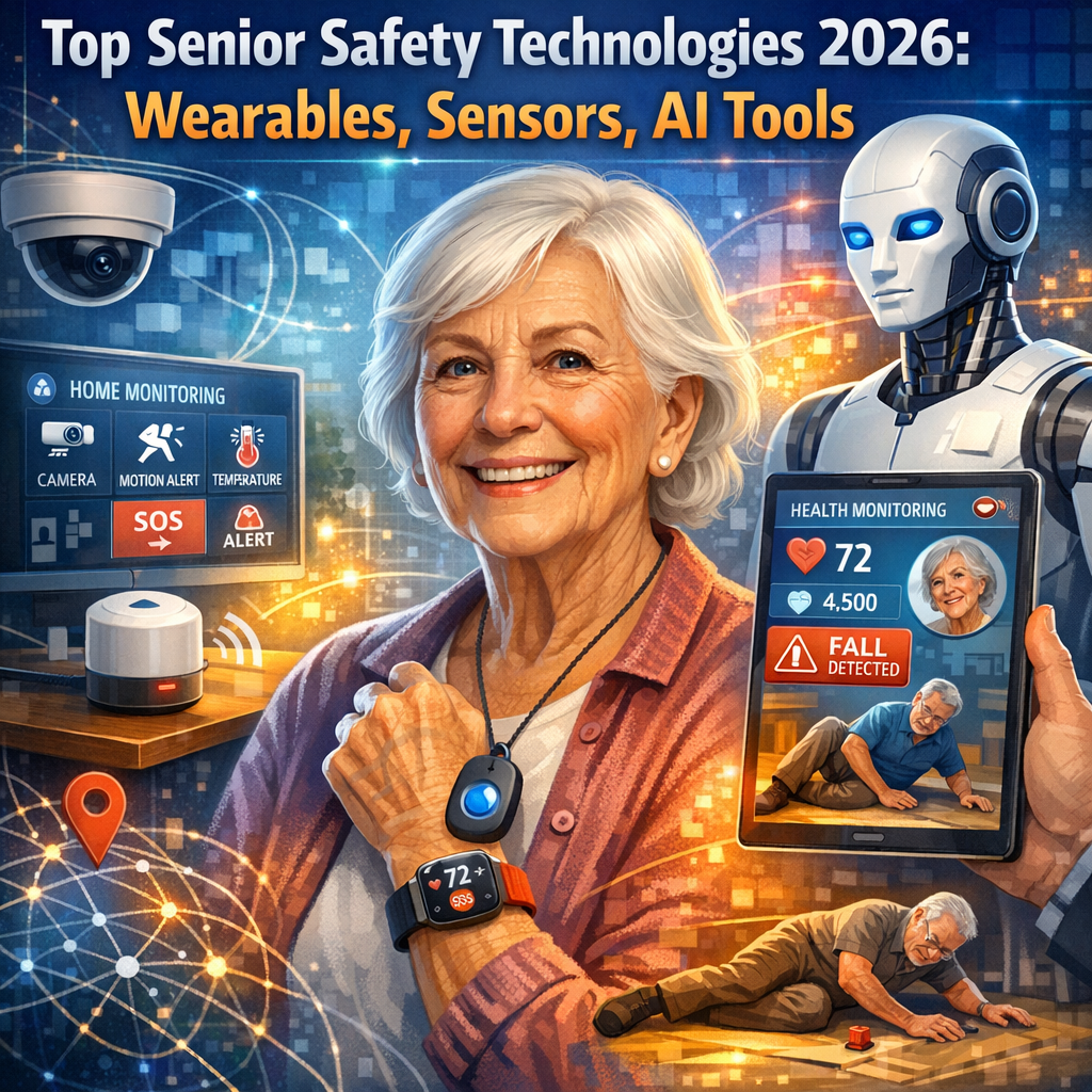 Illustration of various senior safety technologies including wearables on a wrist, room sensors, and an AI-powered display sc