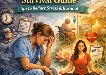 Illustration of a stressed caregiver surrounded by icons depicting self-care and burnout prevention tips.