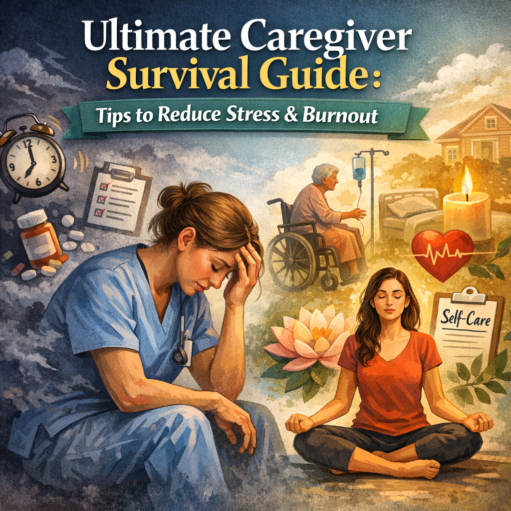 Illustration of a stressed caregiver surrounded by icons depicting self-care and burnout prevention tips.