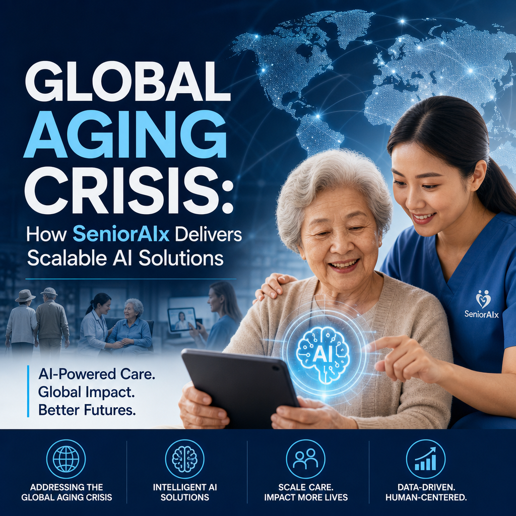 Illustration of Global Aging Crisis: How SeniorAIx Delivers Scalable AI Solutions