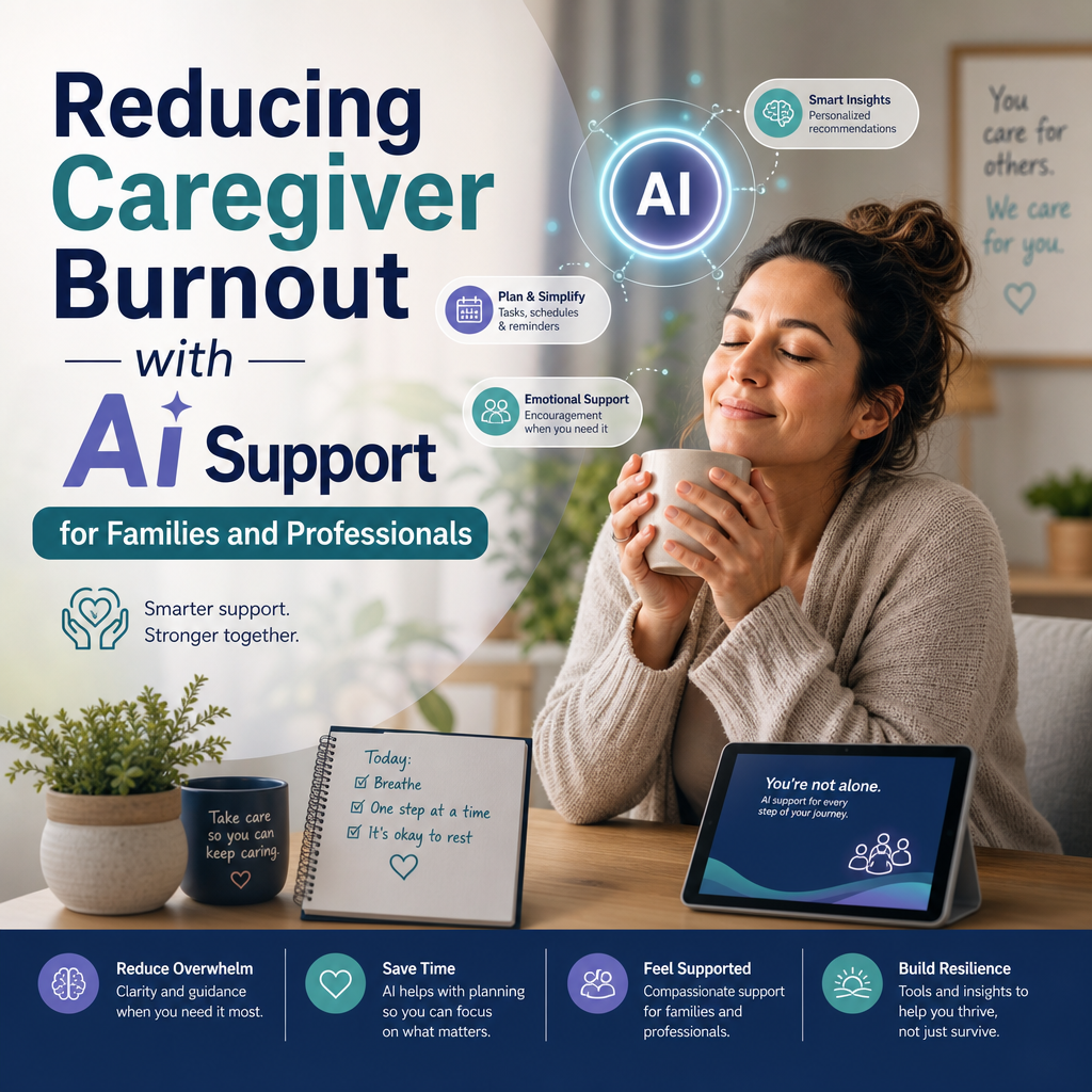 Illustration of Reducing Caregiver Burnout with AI Support for Families and Professionals