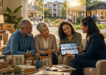 An older couple reviews housing options with two advisers, who show a tablet displaying home photos and charts
