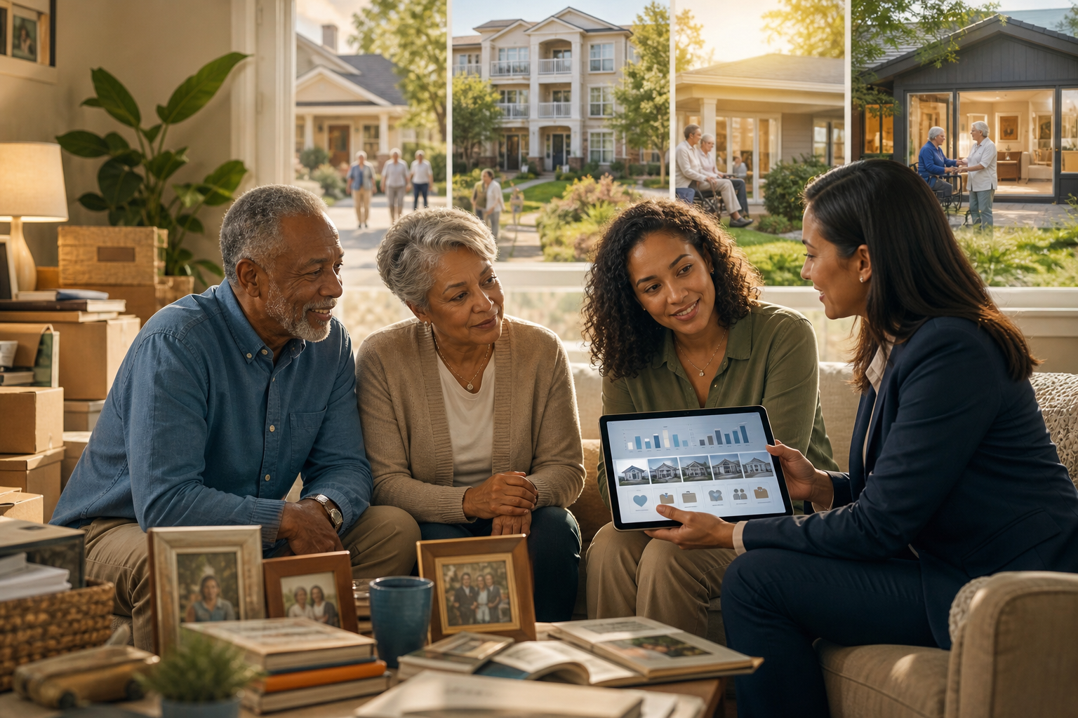 An older couple reviews housing options with two advisers, who show a tablet displaying home photos and charts