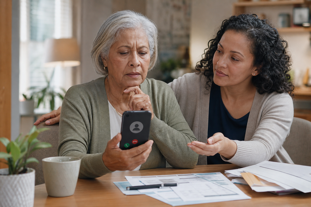 An older woman holds a smartphone while another woman helps her review it beside paperwork