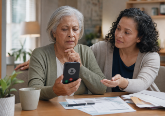 An older woman holds a smartphone while another woman helps her review it beside paperwork