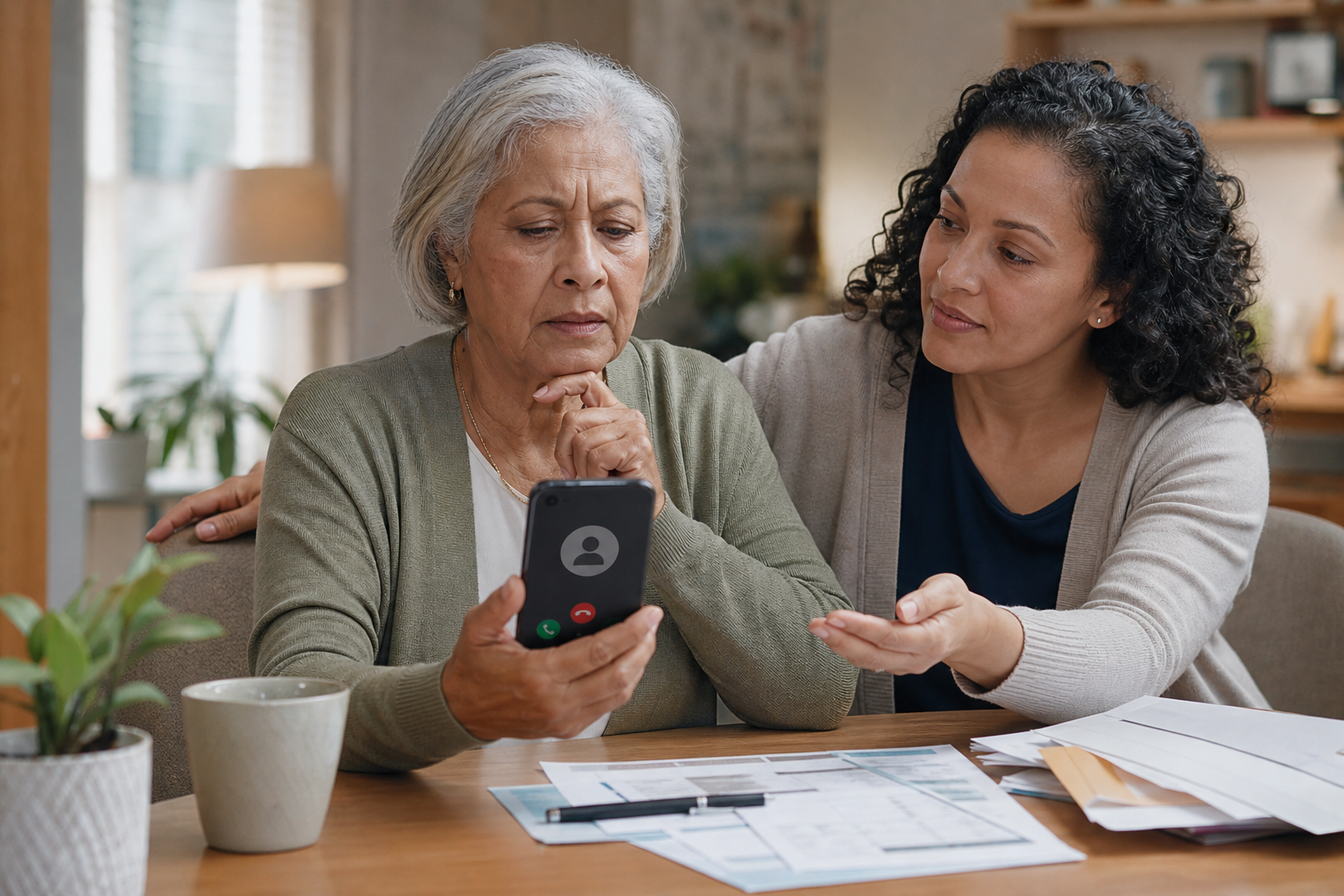An older woman holds a smartphone while another woman helps her review it beside paperwork