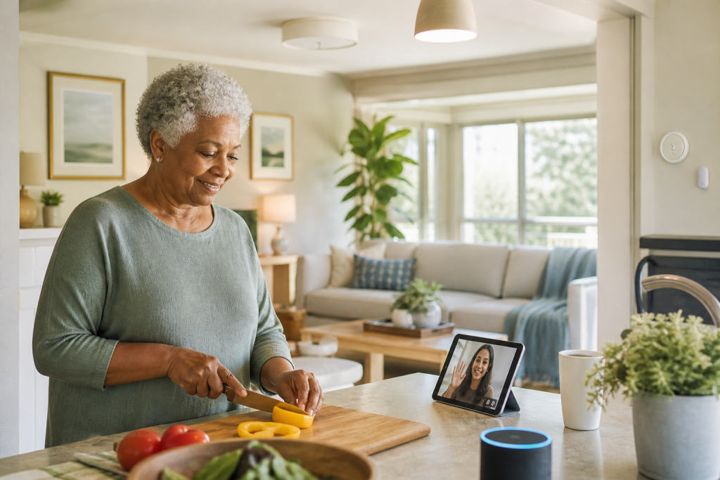 Woman slices a yellow bell pepper while video chatting with someone on a tablet in her kitchen
